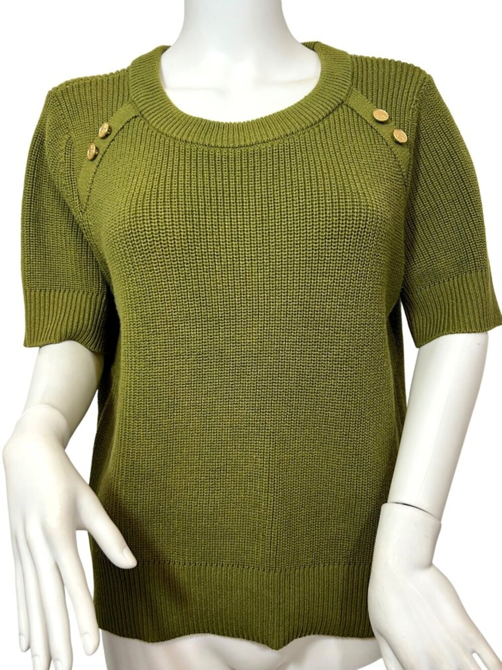 Michael Kors Green Sweater L Short Sleeve Crewneck Ribbed Gold Buttons Classic